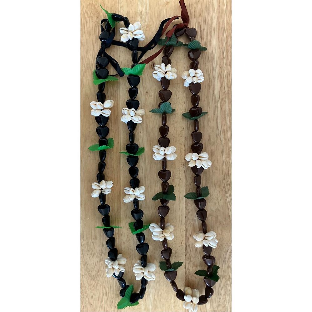 TWO Hawaiian Heart Bead Necklace & Cowrie Shells Brown & Black Faux Kukui NEW